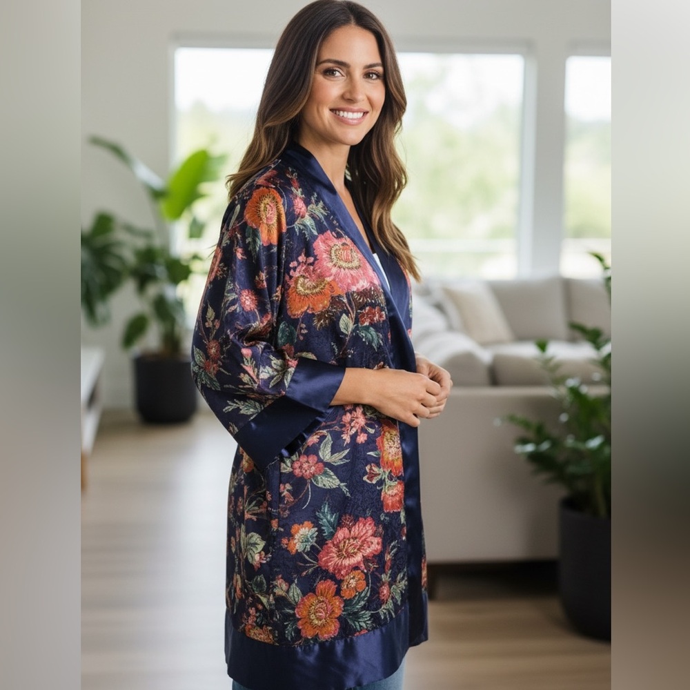 Victoria’s Secret Gold Label Vintage Robe, Navy Blue Floral, OSFM